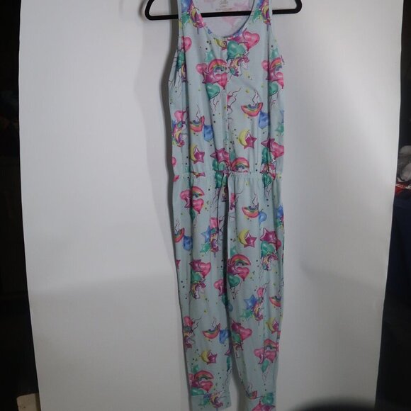 Justice Girls One Piece Sleeveless Jumpsuit Pajamas Unicorns Hearts 14/16 - Picture 1 of 8